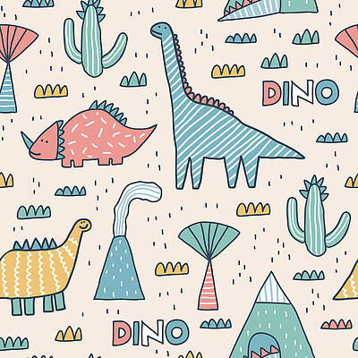 Wall Art - Drawing - Childish seamless pattern with mountain, volcano, dinosaurs and tropical plants. texture in childish style. Scandinavian style.  by Julien