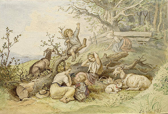 Children and Goats Resting by a Felled Tree Print by Adrian Ludwig Richter