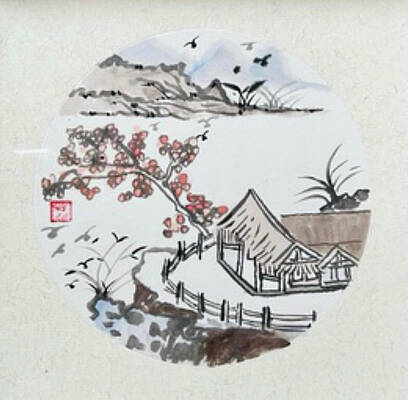Chinese lanscape painting mountain village trees by Mumu Liu