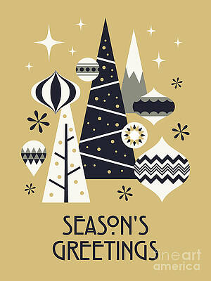 Wall Art - Digital Art - Retro Christmas Theme - Seasons Greetings Gold by Organic Synthesis