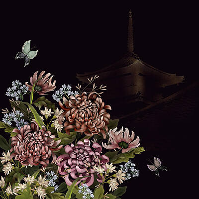Chrysanthemums and Butterflies Glitter Temple Chinoiserie by Sand And Chi Chrysanthemums and Butterflies Glitter Temple Chinoiserie by Sand And Chi