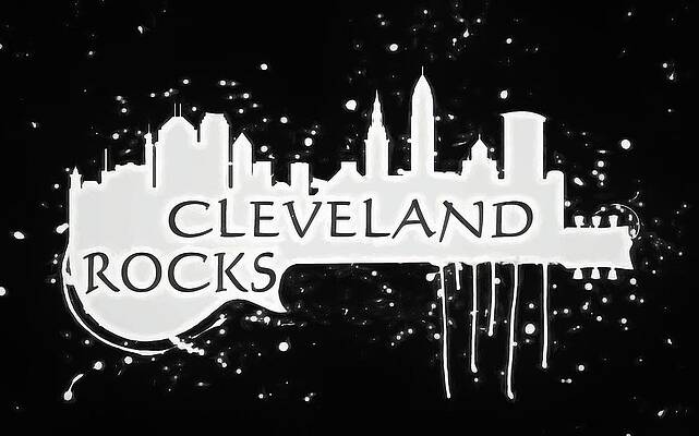 Wall Art - Mixed Media - Cleveland Rocks Skyline Guitar Black And White by Dan Sproul