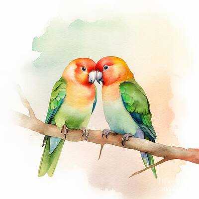 Wall Art featuring the painting Colorful Lovebirds by Land of Dreams