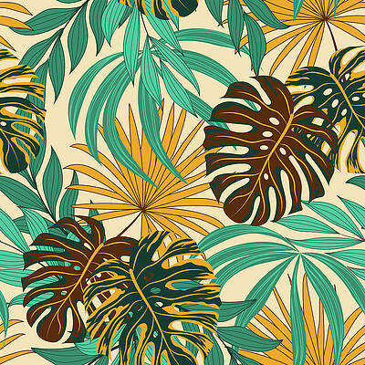 Tropical Summer seamless pattern with monstera leaves and hibiscus flowers.  Bright jungle seamless background. Vivid optimistic juicy colors. Repeat