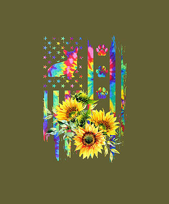 Wall Art - Drawing - Corgi Dog Tie Dye American Flag And Sunflower   by Alicia Cosper