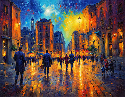 Wall Art - Digital Art - Crowded square in the evening - colorful impressionist painting by Nicko Prints