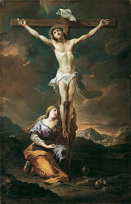 Crucifix with Mary Magdalene Print by Martino Altomonte