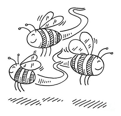 Wall Art - Drawing - Cute Flying Cartoon Bees Drawing by Frank Ramspott