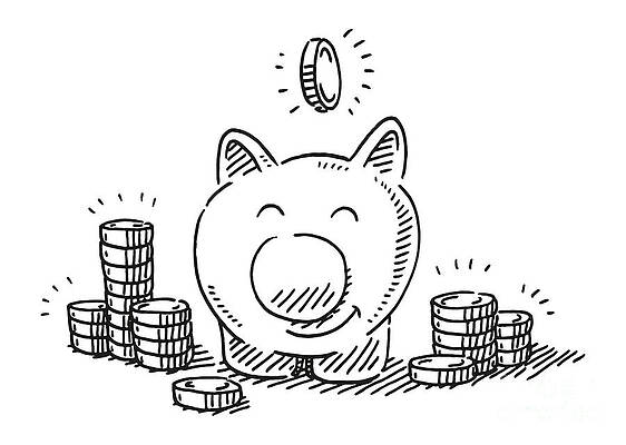 Wall Art - Drawing - Cute Piggy Bank And Coins Drawing by Frank Ramspott
