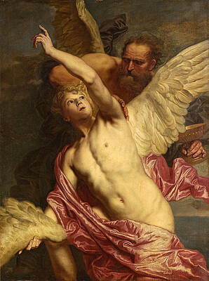 Daedalus Fixing Wings Onto The Shoulders Of Icarus Print by Pieter Thijs