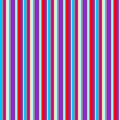 [ Thumbnail: Deep Sky Blue, Red, Purple, and Bisque Colored Lines/Stripes Pattern Art Print ]