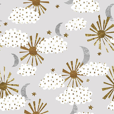 Wall Art - Drawing - Delicate minimalistic ornament with white clouds, golden sun and moon on a light gray background. Seamless pattern with textured drawings. by Julien