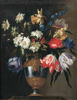 Wall Art - Painting - Flowers in a vase with a sculpted mask by Master Style