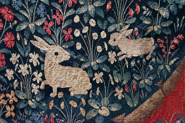 Detail of rabbits on unicorn tapestry by Steve Estvanik Detail of rabbits on unicorn tapestry by Steve Estvanik