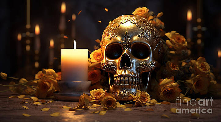 Wall Art - Digital Art - Dia de los Muertos Skull Covered by Orange Flowers and Candlelight by Michel Cruz-Garcia