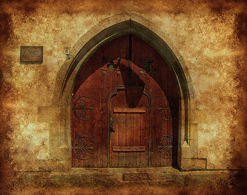 Wall Art featuring the digital art Door Of Matthias Corvinus House In Cluj-Napoca, Romania, Blended On Old Paper by Nicko Prints