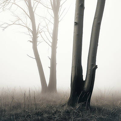 Wall Art - Digital Art - Double Trunk Trees in Foggy Field by Yo Pedro