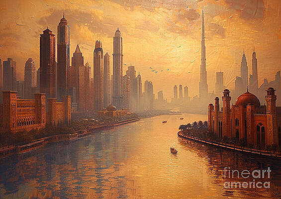 Wall Art - Painting - Dubai Skyscrapers Dubai Dubai Skyline with Mosque and River at Sunset by Clark Leffler