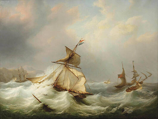Dutch and British vessels caught in rough seas Print by Martinus Schouman