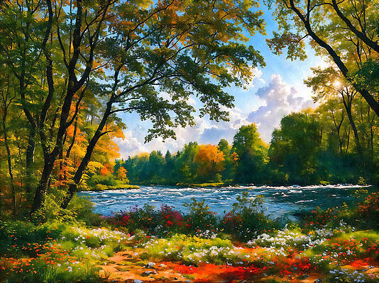 Wall Art featuring the digital art Early Autumn Trees And Wildflowers By The River - Watercolor Painting by Nicko Prints
