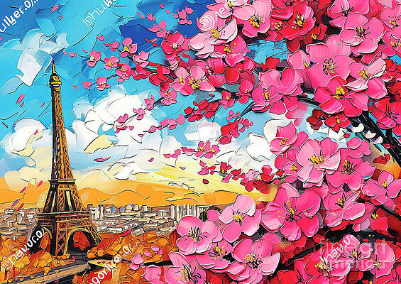 Wall Art - Painting - Eiffel Tower with Cherry Blossoms in Paris Blossoms Eiffel Paris Flowering Tower Spring Cherry Spring by Clark Leffler