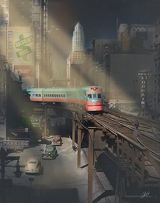 Wall Art - Painting - Electroliner - Chicago in the 1940s by Glenn Galen