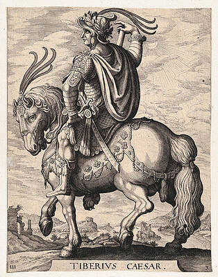 Emperor Tiberius on horseback Print by Matthaeus Merian the Elder