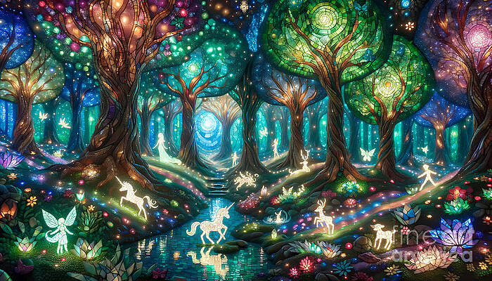 Wall Art - Digital Art - Enchanted Forest Scene, A magical forest with glowing trees and fairytale creatures by Jeff Creation