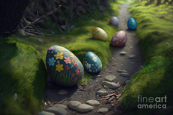 Wall Art - Digital Art - Enchanting Easter Trail, Photorealistic Egg Hunt in a Garden Setting by Jeff Creation