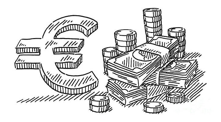 Wall Art - Drawing - Euro Currency Money Coins And Banknotes Drawing by Frank Ramspott