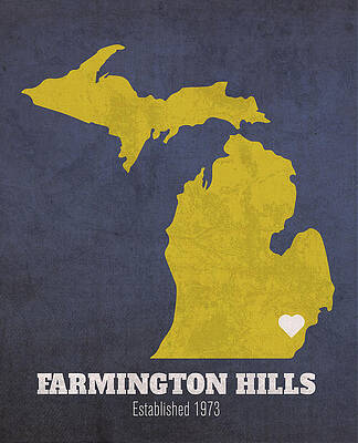 Wall Art - Mixed Media - Farmington Hills Michigan City Map Founded 1973 University of Michigan Color Palette by Design Turnpike