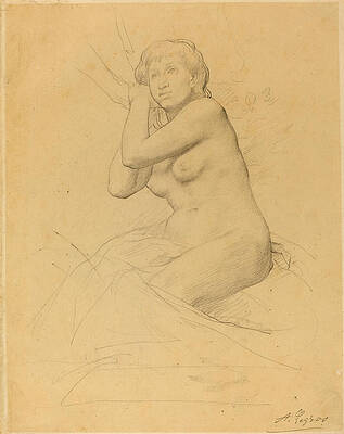 Female Nude Seated Print by Alphonse Legros Female Nude Seated Print by Alphonse Legros