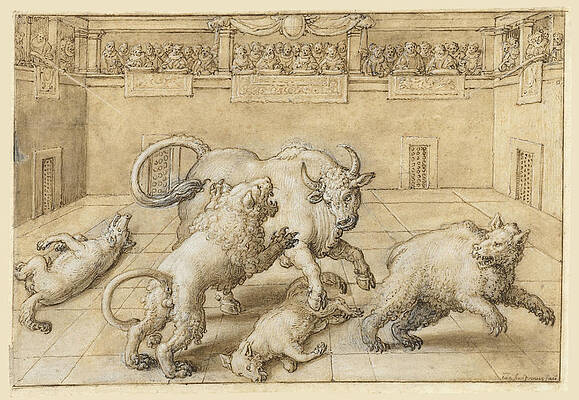 Fight in an arena between a bull, a lion, a bear and two wolves Print by Jan van der Straet