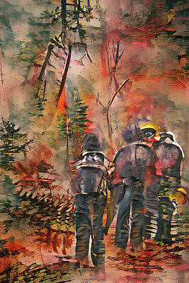 Wall Art - Painting - Firefighter Heroes In The Forest Abstract Watercolor by David Dehner