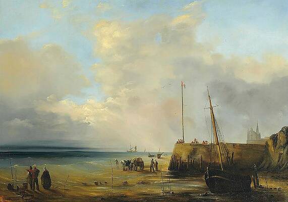 Wall Art - Drawing - Fishermen at the harbour wall low tide  art by Theodore Gudin French