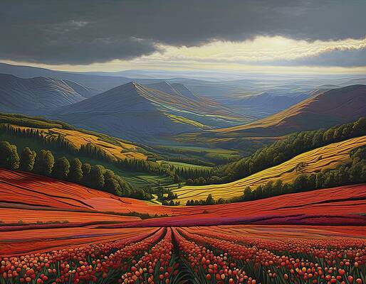 Wall Art - Digital Art - Flower Fields Under Clouds by Eris And AI