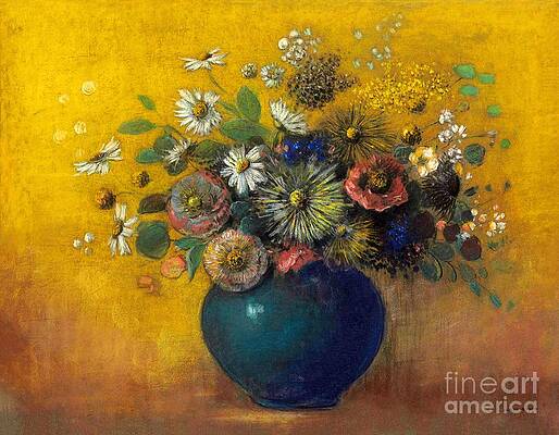 Wall Art - Painting - Flowers bouquet on a yellow background by Odilon Redon