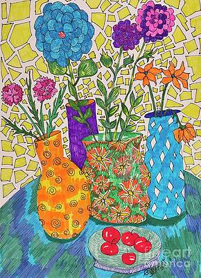 Wall Art - Drawing - Flowers Bright and Cherries Red by Caroline Street