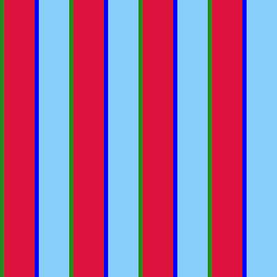 [ Thumbnail: Forest Green, Crimson, Blue, and Light Sky Blue Colored Striped/Lined Pattern Shower Curtain ]