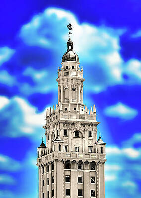 Wall Art featuring the digital art Freedom Tower In Miami, Florida - Black And White, With The Blue Sky Isolated by Nicko Prints