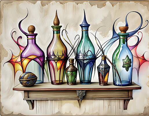 Colorful Glass Bottles on a Shelf Digital Art