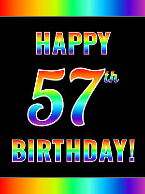 [ Thumbnail: Fun, Colorful, Rainbow Spectrum HAPPY 57th BIRTHDAY Wood Print ]