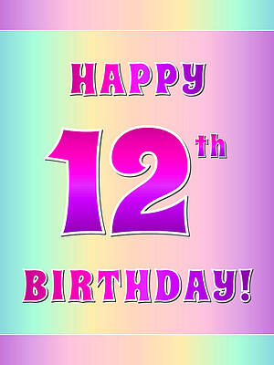 [ Thumbnail: Fun Pink, Purple, and Pastel Colors HAPPY 12th BIRTHDAY Sticker ]