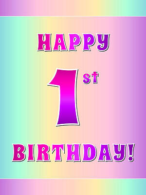 [ Thumbnail: Fun Pink, Purple, and Pastel Colors HAPPY 1st BIRTHDAY Greeting Card ]