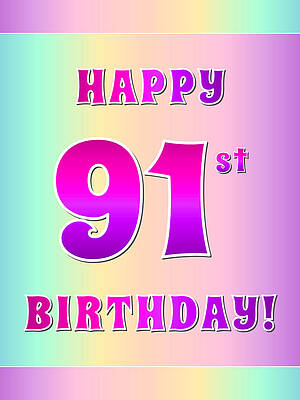 [ Thumbnail: Fun Pink, Purple, and Pastel Colors HAPPY 91st BIRTHDAY Sticker ]