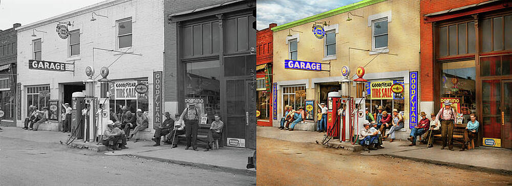 Gas Station - Chatting in a small town 1941 - Side by Side by Mike Savad Gas Station - Chatting in a small town 1941 - Side by Side by Mike Savad
