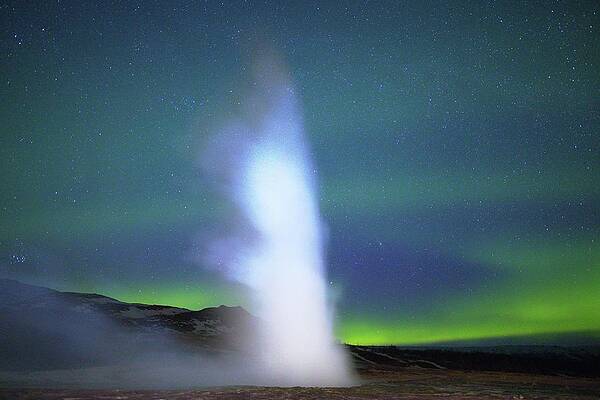 Landscape Photograph - Geyser And Aurora by Christopher Mathews
