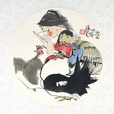 Wall Art - Painting - Girl With Chicken and Rooster by Cheng Shifa