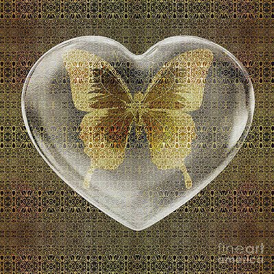 Wall Art - Digital Art - Gold Leaf and Black Ink Pattern and Butterfly in Crystal Heart by Diego Taborda