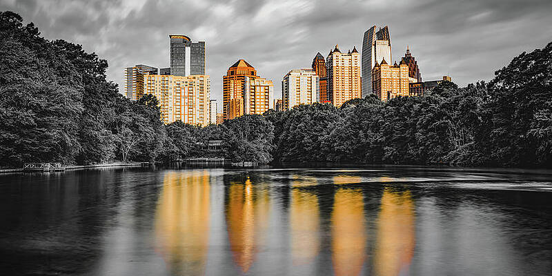 Wall Art - Photograph - Golden Atlanta Cityscape Over Lake Clara Meer - Selective Color Panorama by Gregory Ballos